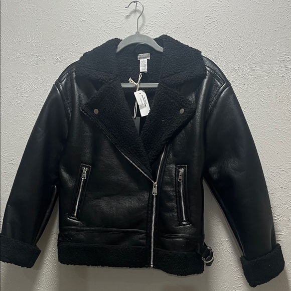 West Of Melrose Jackets & Blazers - Black Faux Shearling Moto Biker Jacket Cropped Sherpa Lined